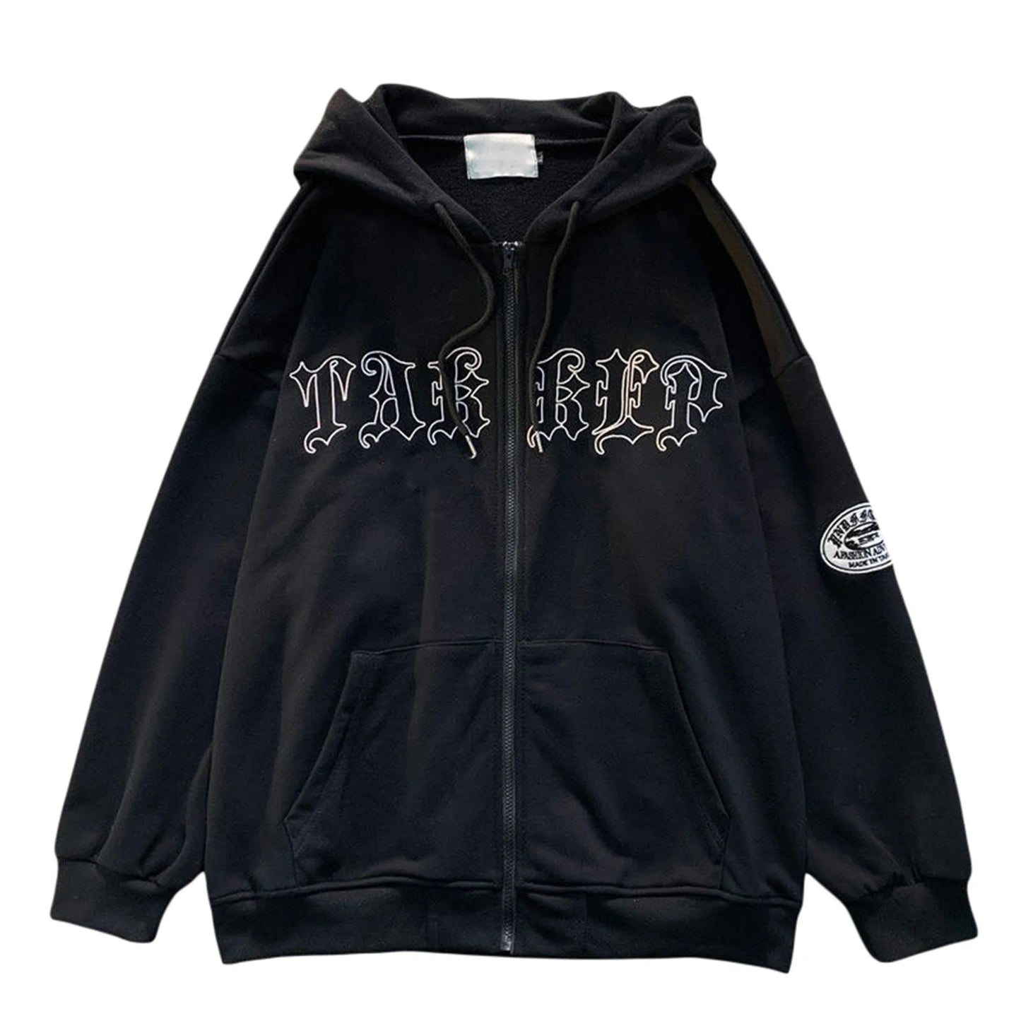 Black and white patchwork hooded cardigan for women โ streetwear jacket with front pockets | Oversized women layering piece