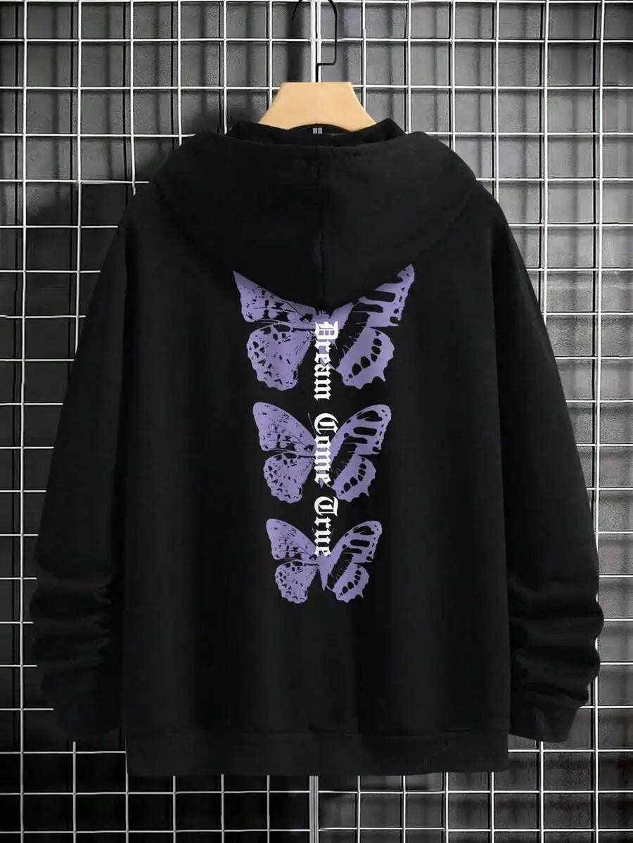 Men's black butterfly graphic print hoodie streetwear front view