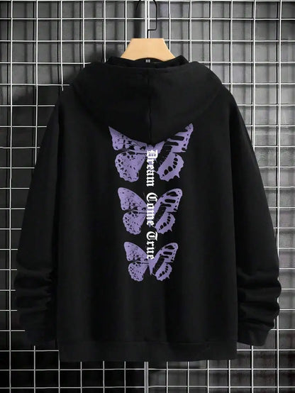 Men's black butterfly graphic print hoodie streetwear front view