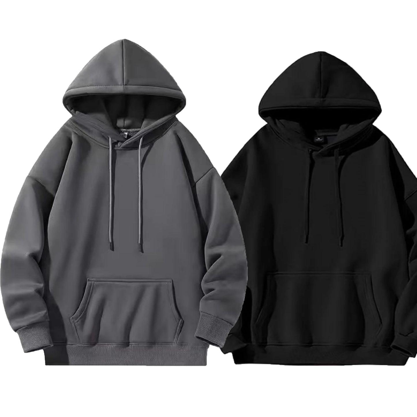 Black and grey zip-up hoodie set laid flat showing front design