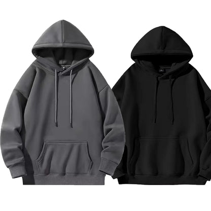 Black and grey zip-up hoodie set laid flat showing front design