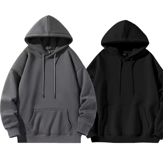 Black and grey zip-up hoodie set laid flat showing front design
