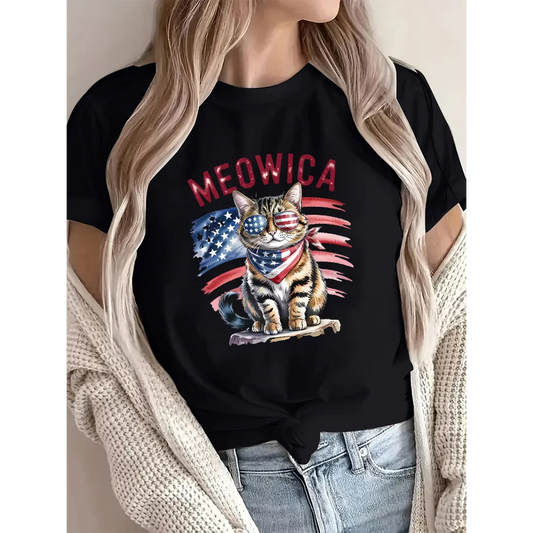 Cute Cat Graphic Black T-Shirt for Women Meowica Print Tee | Soft Cotton Summer Top | Free U.S. Shipping