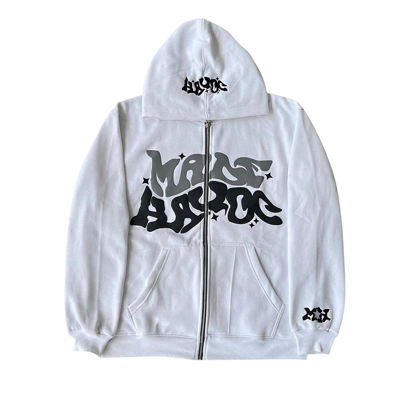 Letter Print Zip Hoodie - Men's Fleece Jacket with Pockets
