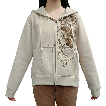 Women’s Vintage Graphic Print Hoodie – Long Sleeve Zipper Sweatshirt with Pockets | Y2K Streetwear