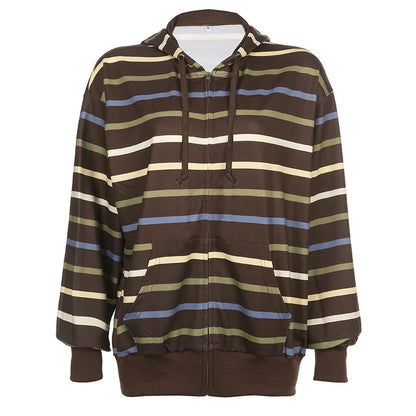 Women’s Striped Zip-Up Hoodie – Autumn Streetwear Jacket with Drawstring