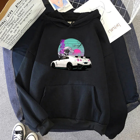 Anime-inspired long sleeve hoodie with legendary car print