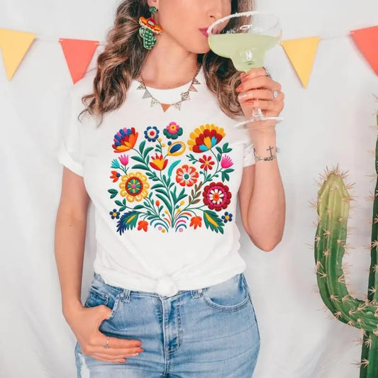 Mexican Folklore Flower T-Shirt – Vibrant Floral Tee