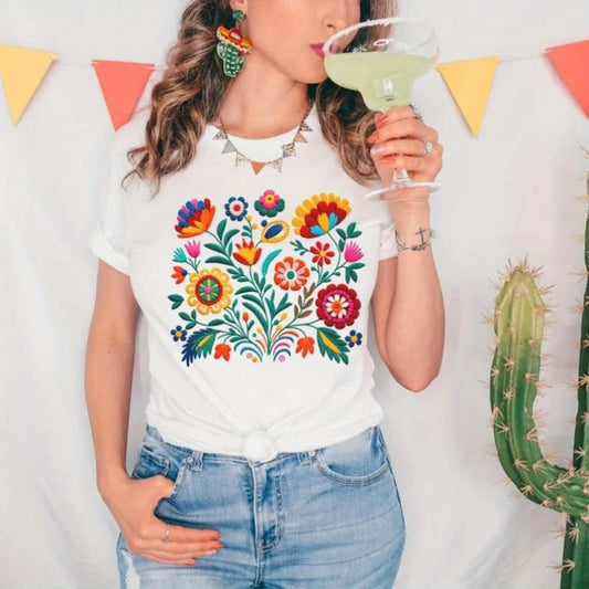 Mexican folklore flower t-shirt with colorful design – floral lover gift for moms | Soft cotton regalo para madre | Free shipping USA