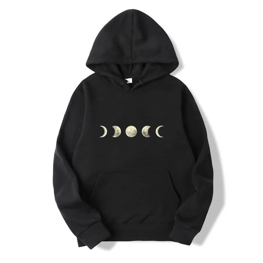Black Harajuku hoodie with moon print, Y2K streetwear fashion"