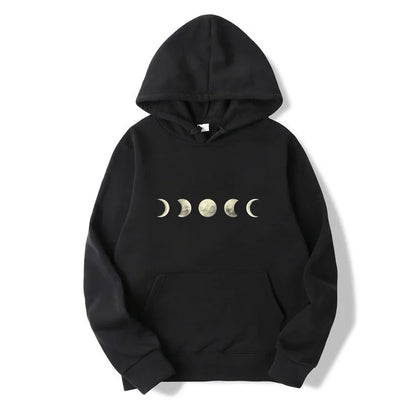 Black Harajuku hoodie with moon print, Y2K streetwear fashion"