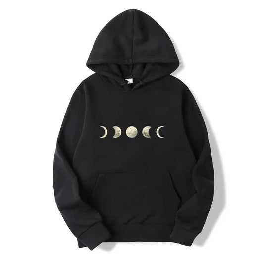 Black Harajuku hoodie with moon print, Y2K streetwear fashion"