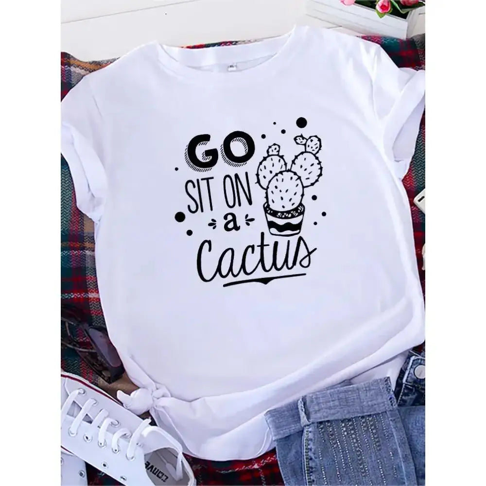 Funny 'Go Sit on a Cactus' print women's t-shirt – white sarcastic graphic tee with desert plant design | Loose fit short sleeve top