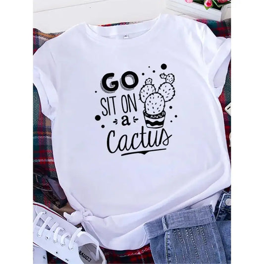 Funny 'Go Sit on a Cactus' print women's t-shirt – white sarcastic graphic tee with desert plant design | Loose fit short sleeve top