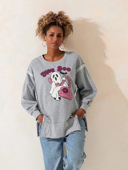 Pumpkin Print Halloween Sweatshirt - Women's Cute Fall Pullover