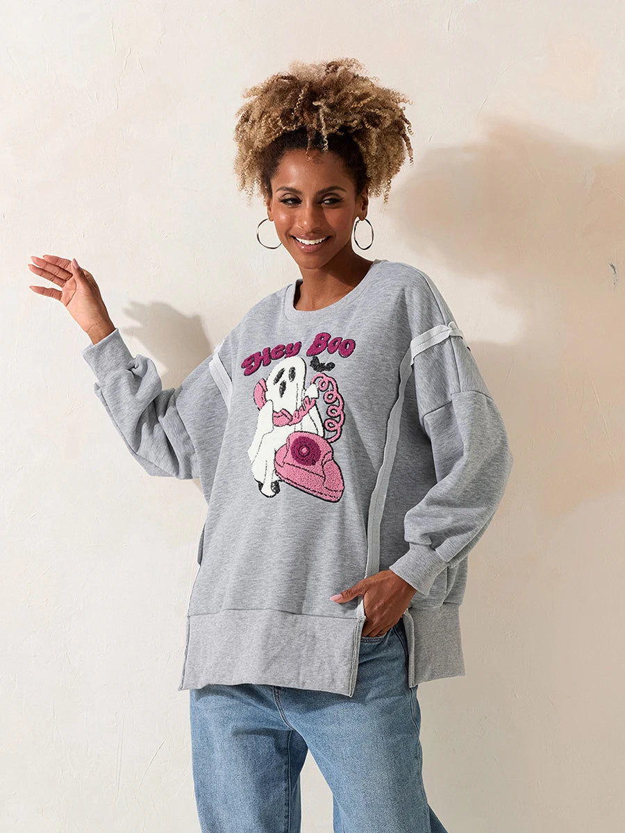 Pumpkin Print Halloween Sweatshirt - Women's Cute Fall Pullover