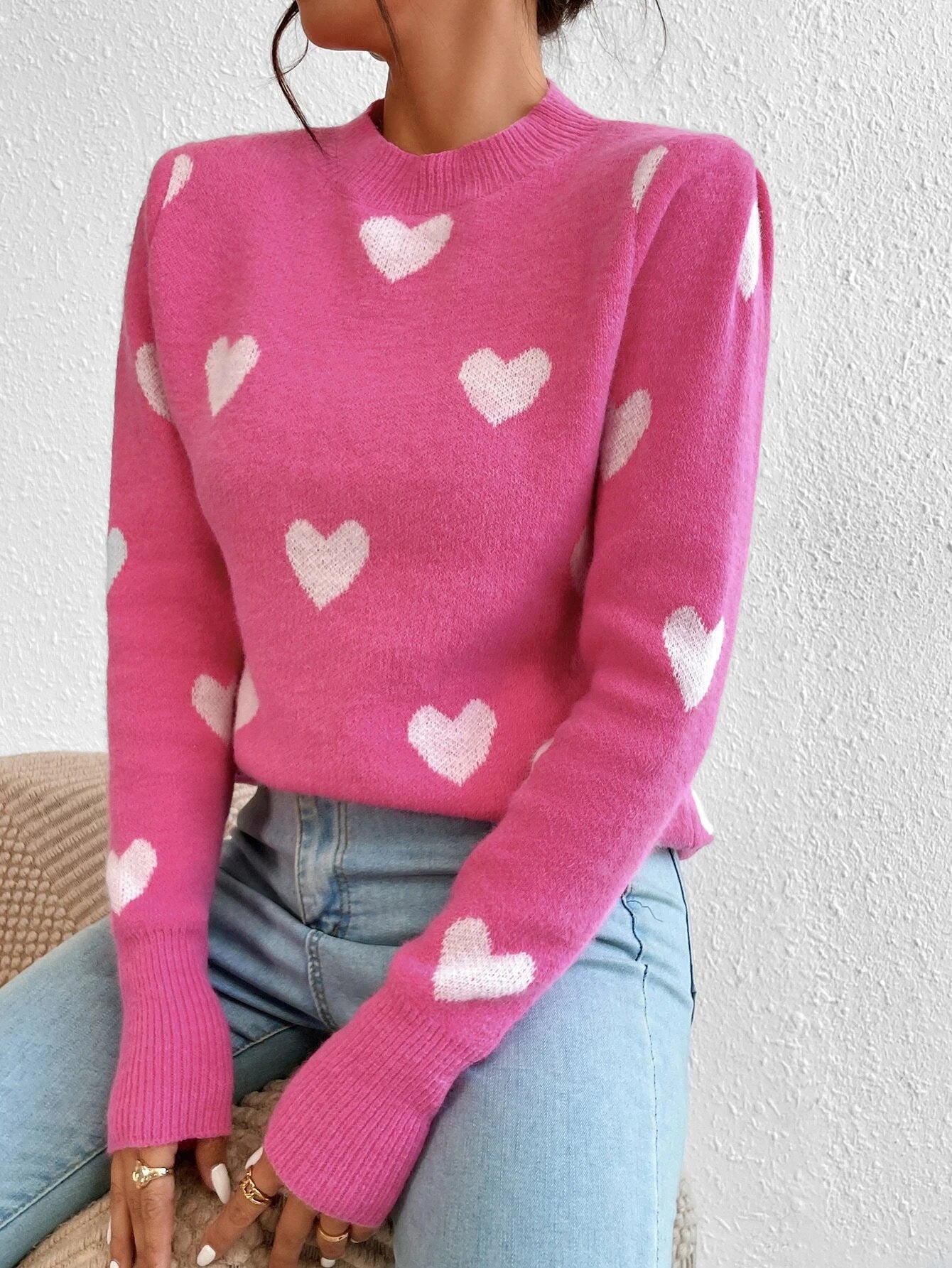 Blue Heart Knit Sweater - Women's Cozy Crewneck Pullover | Fall Fashion