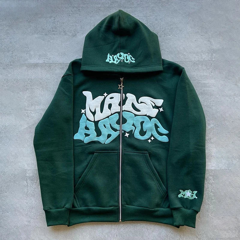 Letter Print Zip Hoodie - Men's Fleece Jacket with Pockets