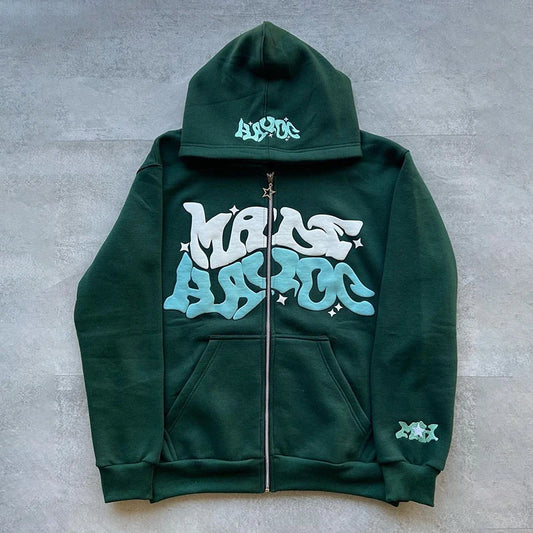 Letter Print Zip Hoodie - Men's Fleece Jacket with Pockets