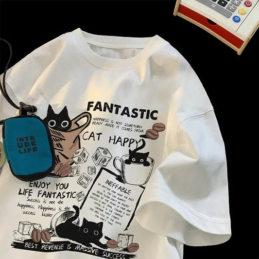 Korean-style oversized cat graphic t-shirt for  women – white couples matching tee | Soft cotton short sleeve | Free shipping