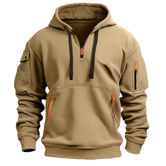 Men's black multi-pocket utility zip up hoodie jacket front view