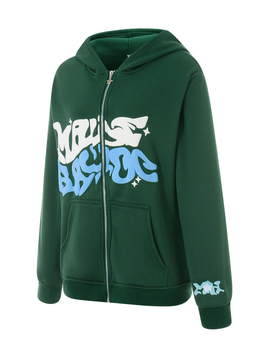Letter Print Zip Hoodie - Men's Fleece Jacket with Pockets