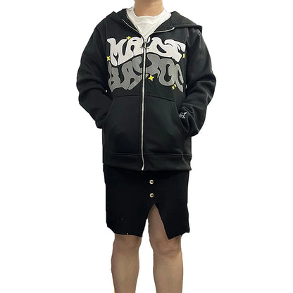 Letter Print Zip Hoodie - Men's Fleece Jacket with Pockets