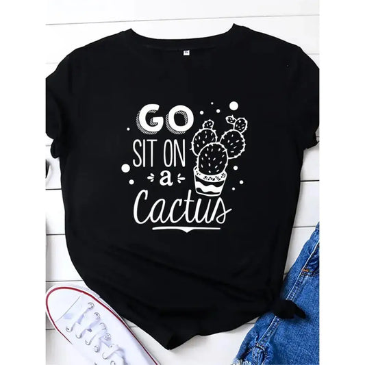 Funny 'Go Sit on a Cactus' print women's t-shirt – black sarcastic graphic tee with desert plant design | Loose fit short sleeve top