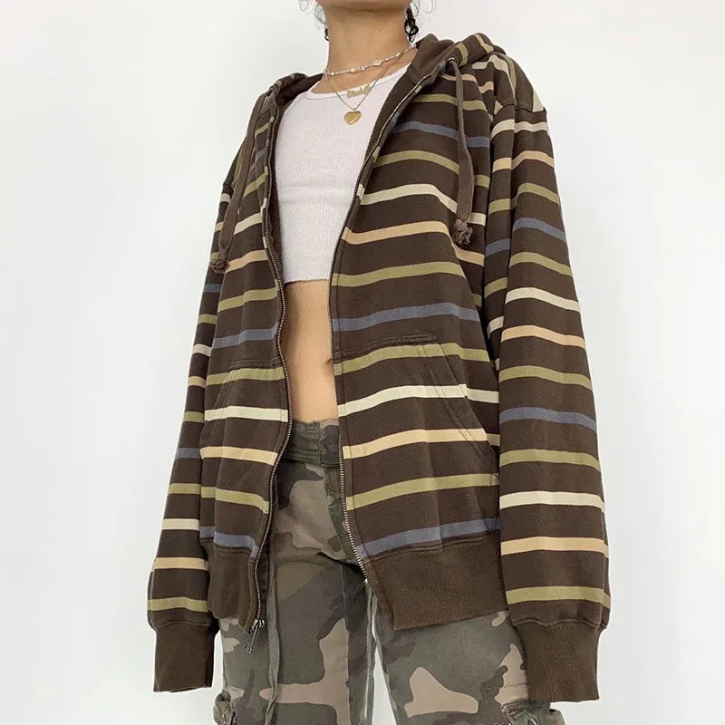 Women’s Striped Zip-Up Hoodie – Autumn Streetwear Jacket with Drawstring