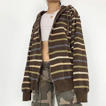 Women’s Striped Zip-Up Hoodie – Autumn Streetwear Jacket with Drawstring