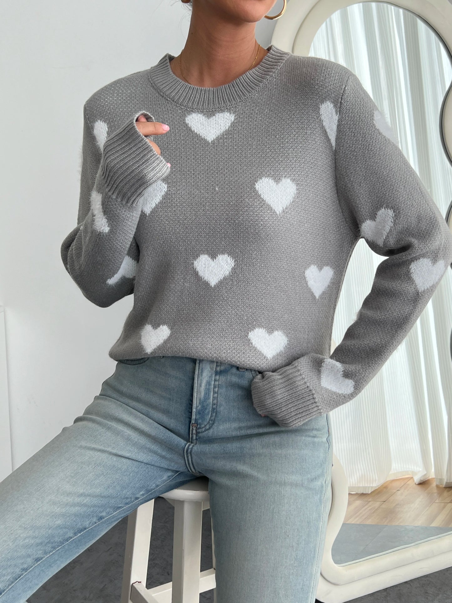 Blue Heart Knit Sweater - Women's Cozy Crewneck Pullover | Fall Fashion