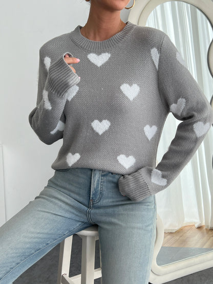 Blue Heart Knit Sweater - Women's Cozy Crewneck Pullover | Fall Fashion