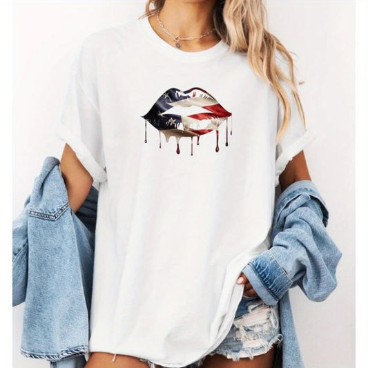 Women's American flag lips graphic t-shirt – patriotic 4th of July cotton top with red, white & blue kiss print | Short sleeve casual tee