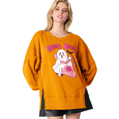 Pumpkin Print Halloween Sweatshirt - Women's Cute Fall Pullover