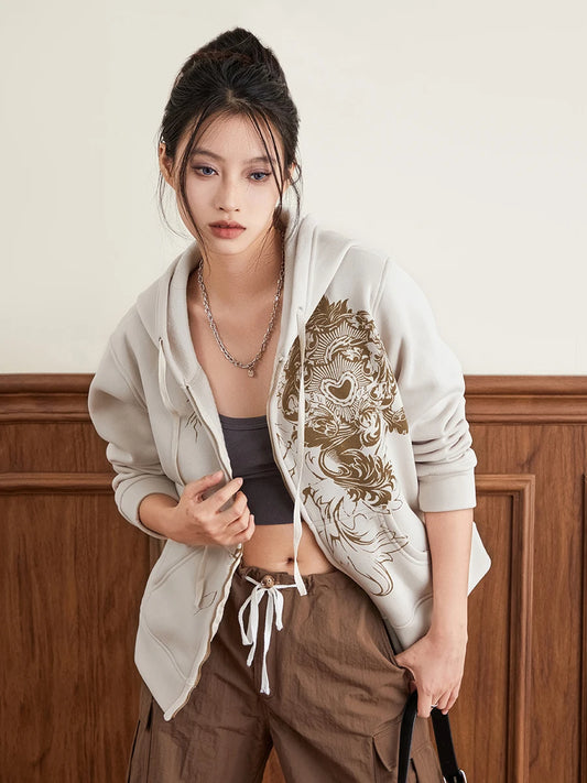 Women’s Vintage Graphic Print Hoodie – Long Sleeve Zipper Sweatshirt with Pockets | Y2K Streetwear