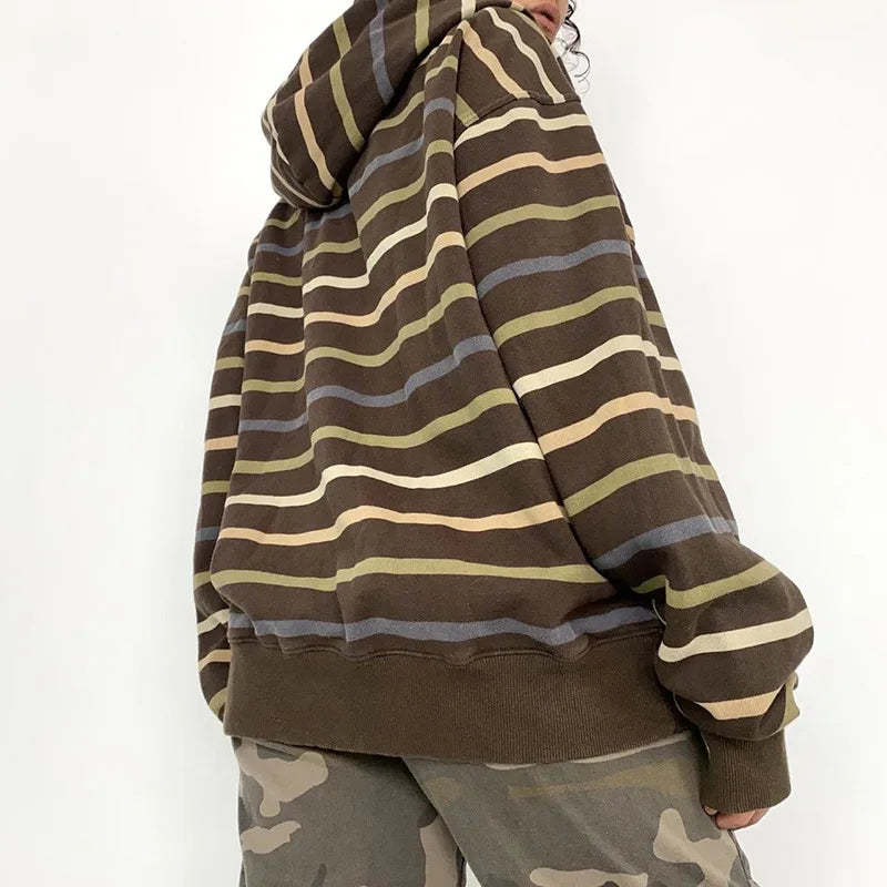 Women’s Striped Zip-Up Hoodie – Autumn Streetwear Jacket with Drawstring