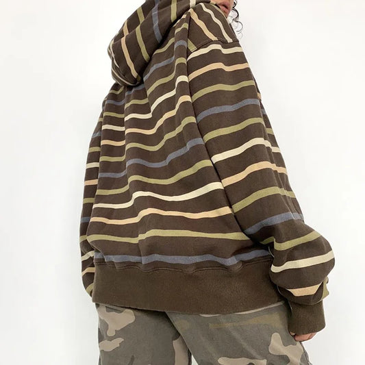Women’s Striped Zip-Up Hoodie – Autumn Streetwear Jacket with Drawstring