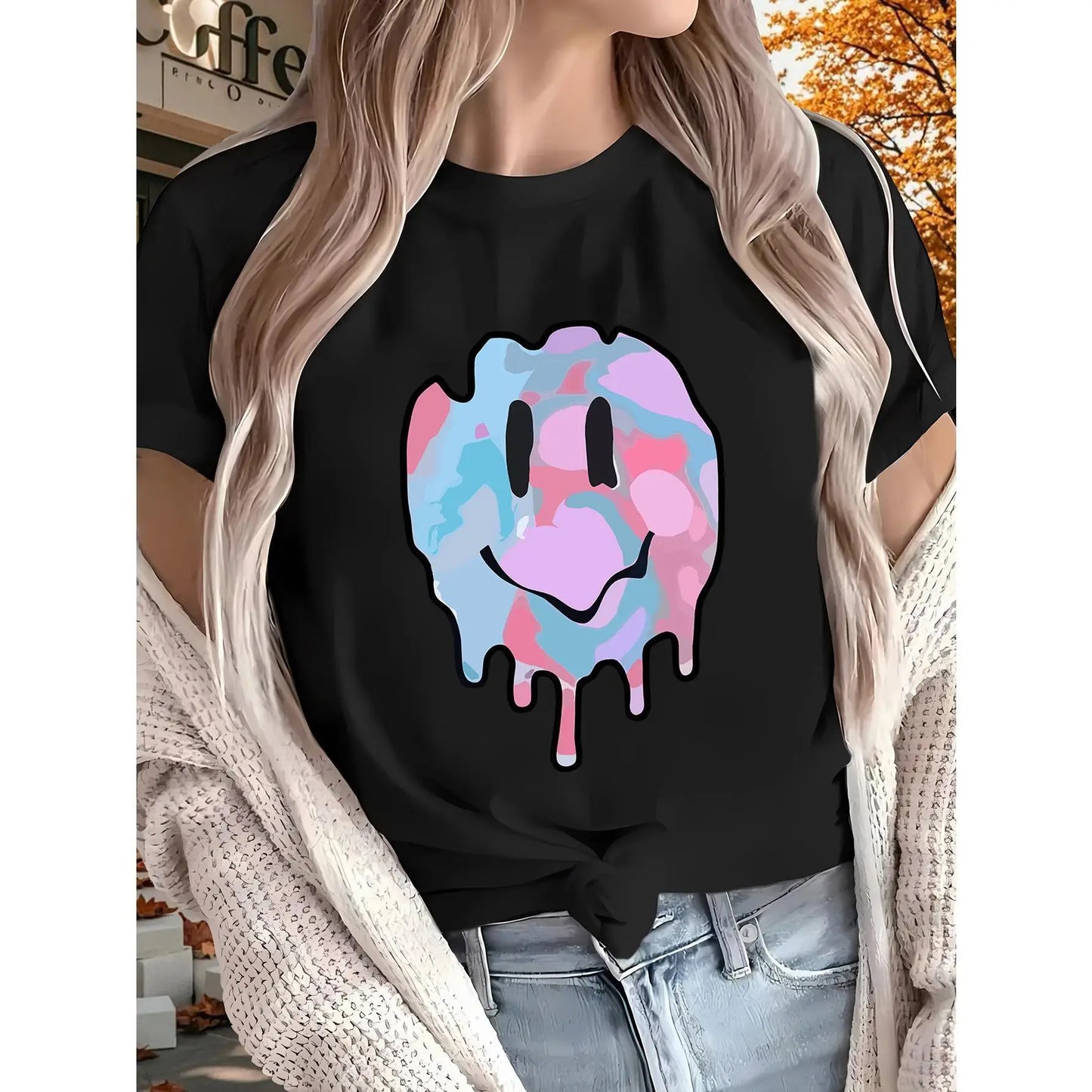 Happy New Print T-Shirt - Women's Short Sleeve Casual Tee