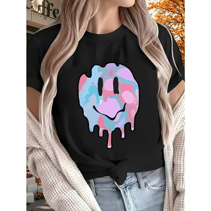 Happy New Print T-Shirt - Women's Short Sleeve Casual Tee