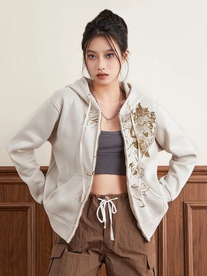 Women’s Vintage Graphic Print Hoodie – Long Sleeve Zipper Sweatshirt with Pockets | Y2K Streetwear