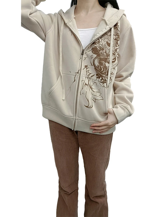 Women’s Vintage Graphic Print Hoodie – Long Sleeve Zipper Sweatshirt with Pockets | Y2K Streetwear