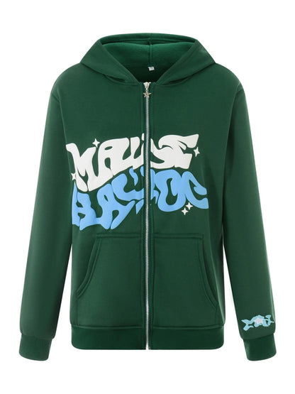 Letter Print Zip Hoodie - Men's Fleece Jacket with Pockets