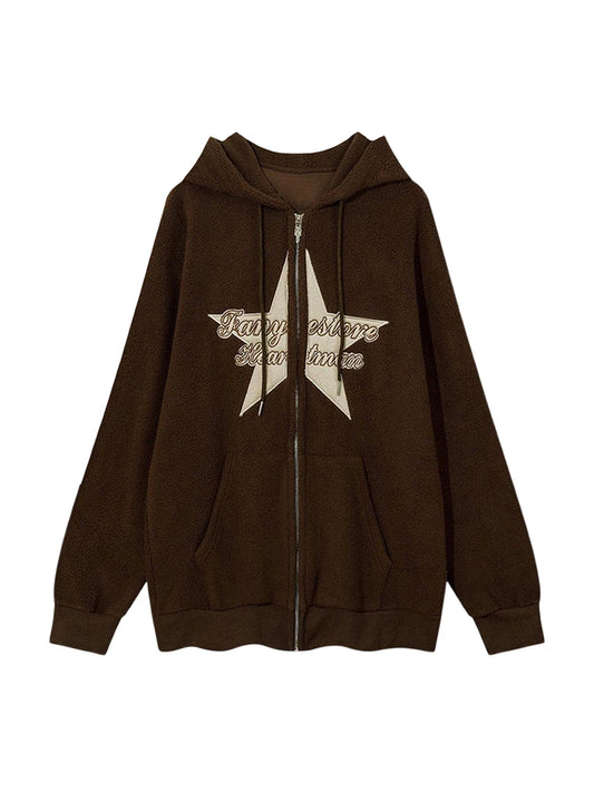 Beige women’s hoodie with embroidered star and letter designs – long sleeve casual sweatshirt jacket | Oversized streetwear with front pockets