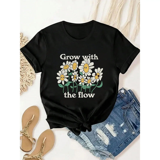 Women's floral print t-shirt in soft cotton – summer casual top for outdoor activities | Lightweight breathable fitness tee