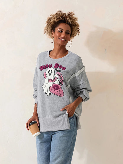 Pumpkin Print Halloween Sweatshirt - Women's Cute Fall Pullover