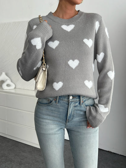 Blue Heart Knit Sweater - Women's Cozy Crewneck Pullover | Fall Fashion