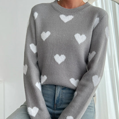 Blue Heart Knit Sweater - Women's Cozy Crewneck Pullover | Fall Fashion