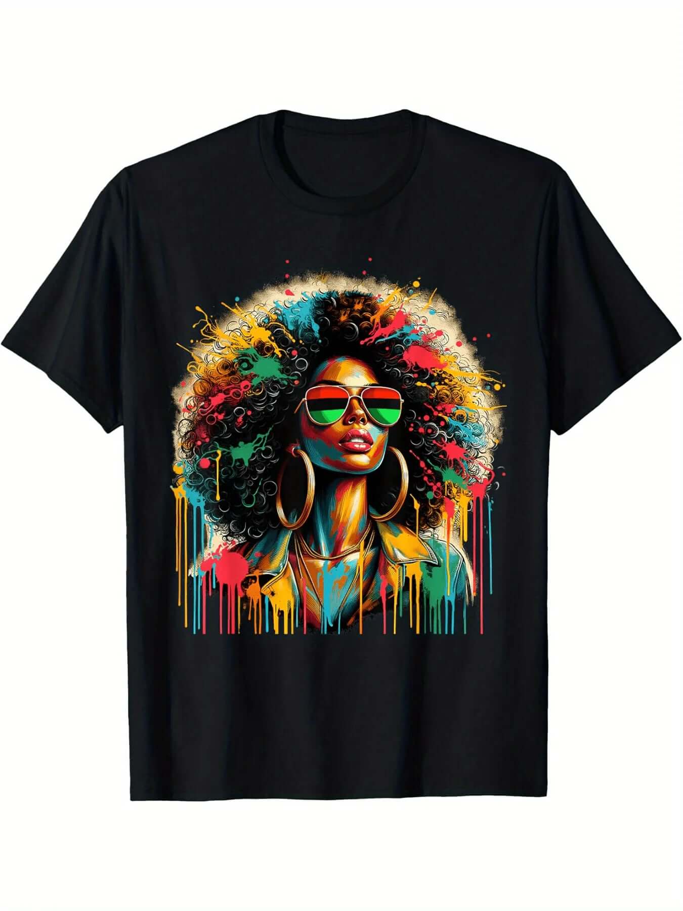 Juneteenth women's t-shirt with Afro queen and melanin drip design – Black pride cultural graphic tee | Pure cotton celebration top
