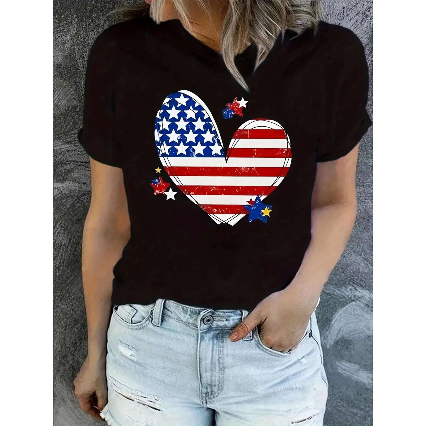 Women's patriotic t-shirt with American flag heart design – red, white & blue stars and stripes graphic tee | Soft cotton crewneck