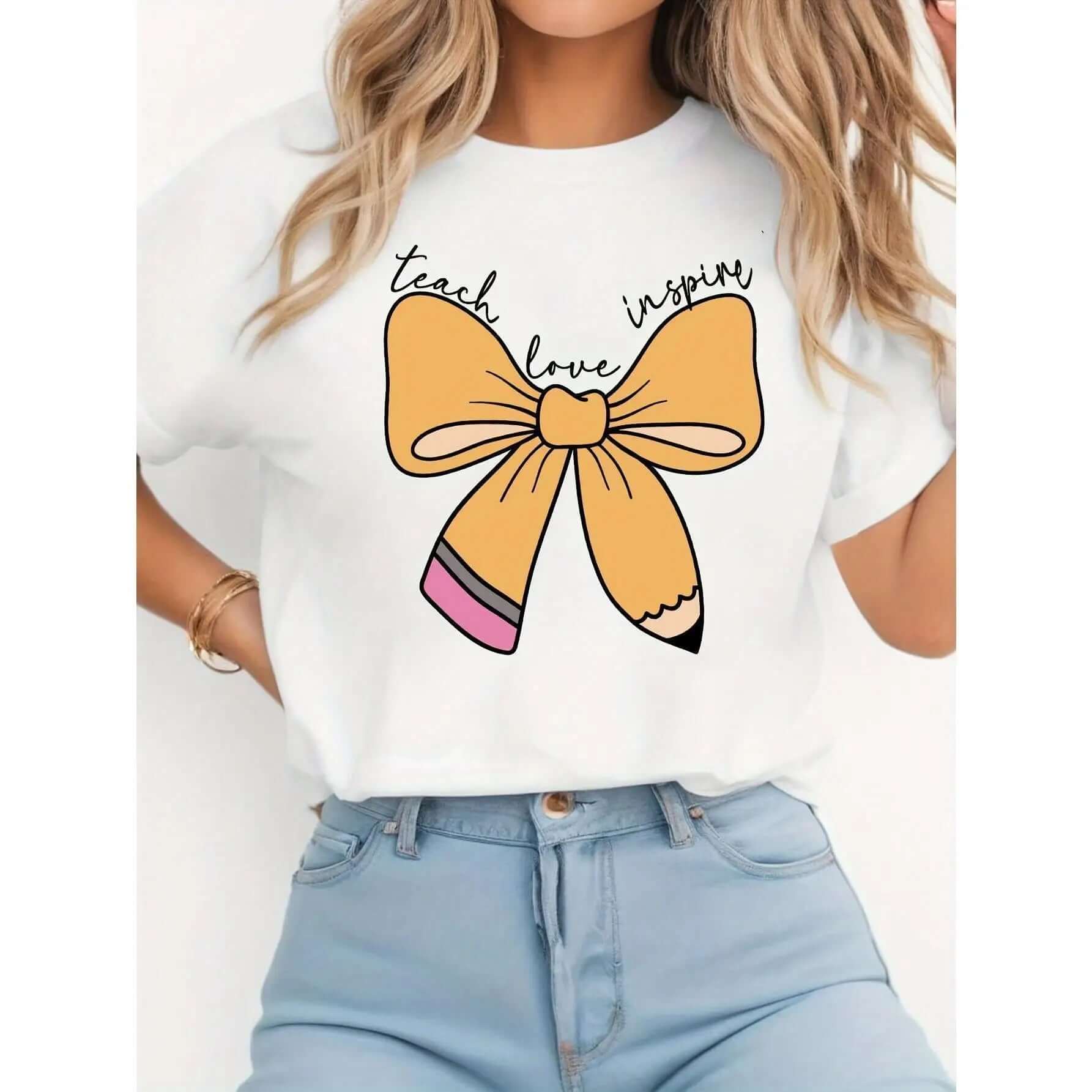 Women's teacher appreciation t-shirt with pencil and heart graphic – inspirational educator gift tee | Soft cotton crewneck school top | best teachers day gift